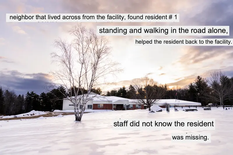 Image of brick building in snow overlaid with the text: “neighbor that lived across from the facility, found resident #1 … standing and walking in the road alone, … helped the resident back to the facility. … staff did not know the resident … was missing.”